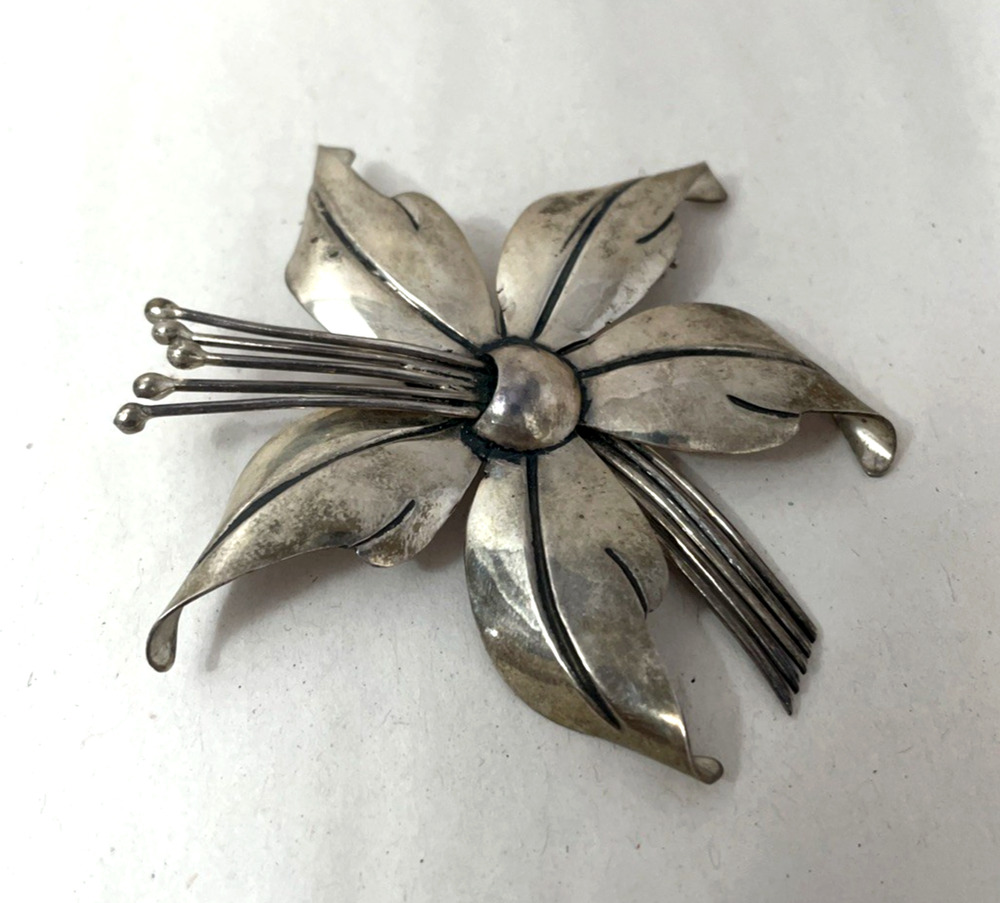 Vintage Mexico 925 Sterling Silver Floral Brooch Pin Large 20g